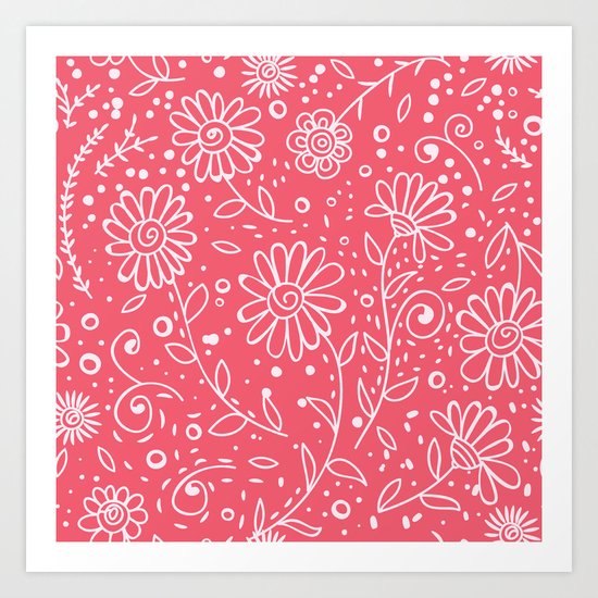 Red doodle floral pattern Art Print