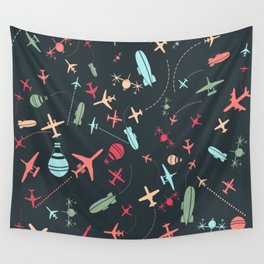 Black Airplane and Aviation Pattern Wall Tapestry