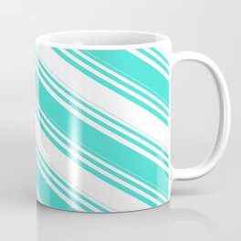 [ Thumbnail: White and Turquoise Colored Lined/Striped Pattern Coffee Mug ]