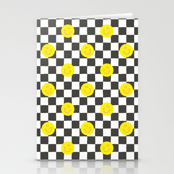 Retro smiling face checker board square pattern Stationery Cards