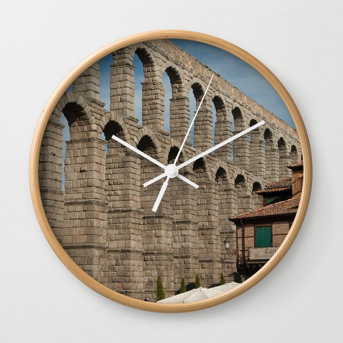 Spain Photography - Aqueduct Of Segovia Under The Blue Sky Wall Clock