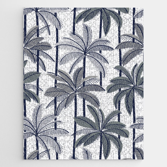 Retro Palm Springs vibes // white background highball grey palm trees oxford navy blue lines Jigsaw Puzzle
