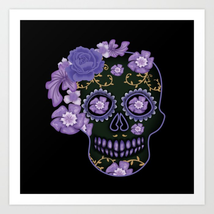 Purple Floral Sugar Skull Muertos Day Of Dead Art Print