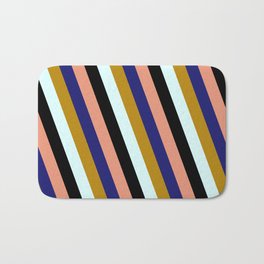 [ Thumbnail: Colorful Dark Salmon, Midnight Blue, Dark Goldenrod, Light Cyan & Black Colored Pattern of Stripes Bath Mat ]