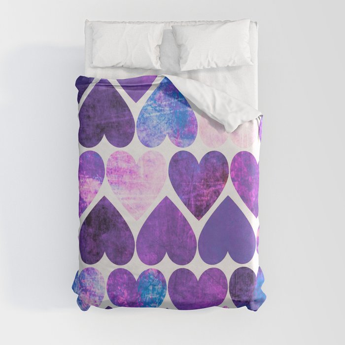 Mod Purple & Blue Grungy Hearts Design Duvet Cover