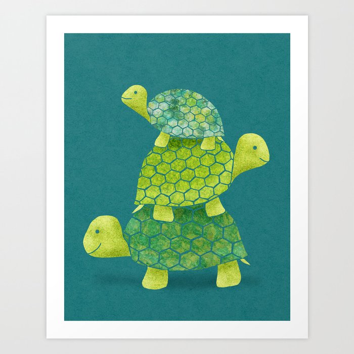 Turtle Stack Family in Teal and Lime Green Art Print
