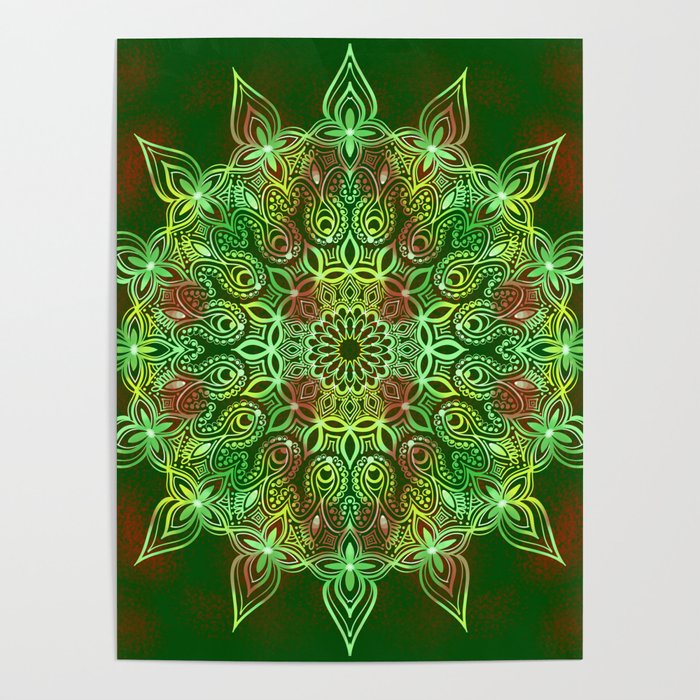 Green and Red Boho Mandala Poster