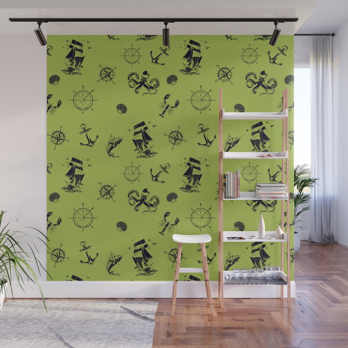 Light Green And Blue Silhouettes Of Vintage Nautical Pattern Wall Mural