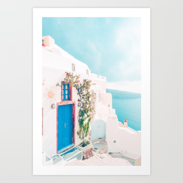 Santorini Greece Blue Door Cozy Photography Art Print