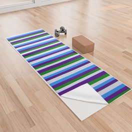 [ Thumbnail: Blue, Lavender, Green, and Indigo Colored Pattern of Stripes Yoga Towel ]