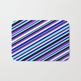 [ Thumbnail: Vibrant Blue, Aquamarine, Black, Purple, and Mint Cream Colored Lined Pattern Bath Mat ]