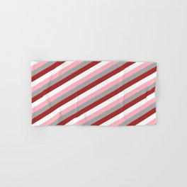 [ Thumbnail: White, Light Pink, Dark Grey, and Brown Colored Striped/Lined Pattern Hand & Bath Towel ]