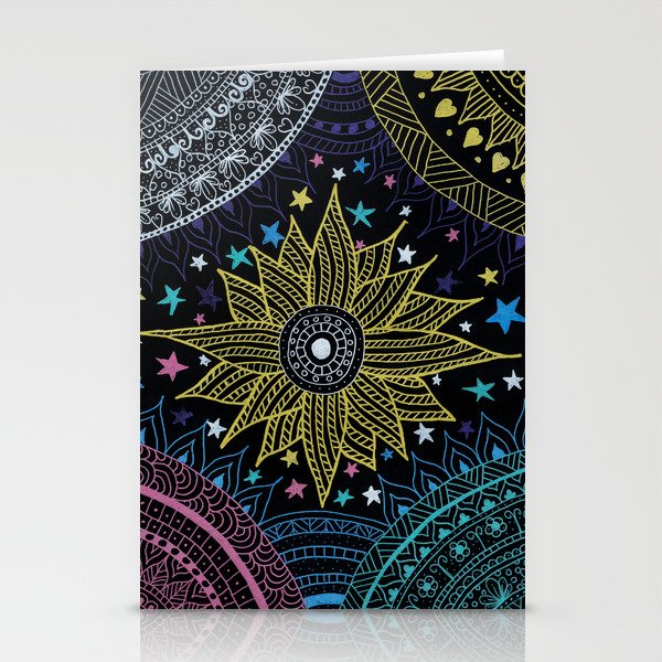 Pretty Gold Sun Mandala Doodles, Magical Galaxy & Cute Stars  Stationery Cards