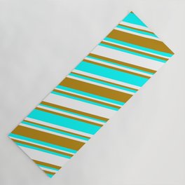 [ Thumbnail: White, Dark Goldenrod, and Aqua Colored Striped Pattern Yoga Mat ]