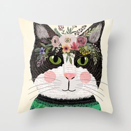Cat with flower crown Throw Pillow