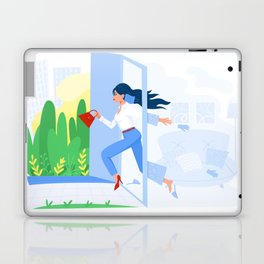 Happy businesswoman leaving home, running away to office. End of quarantine, work days Laptop Skin