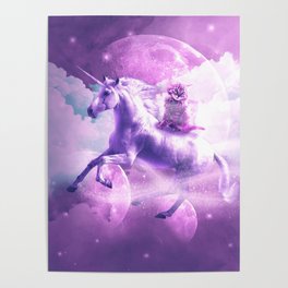Kitty Cat Riding On Flying Space Galaxy Unicorn Poster