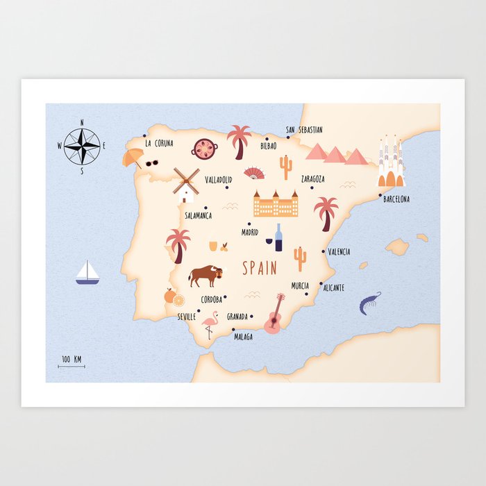 Illustrated map of Spain Art Print