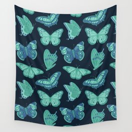 Texas Butterflies – Green and Blue on Navy Pattern Wall Tapestry