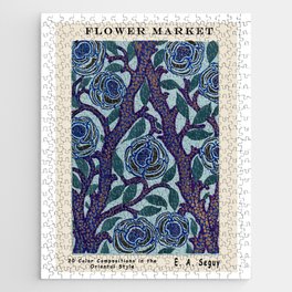 Vintage Blue Flower Market,Floral Abstract,Retro,nature,Botanical, Art Nouveau, Jigsaw Puzzle
