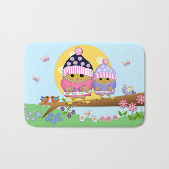 Spring owl in her new dress Bath Mat