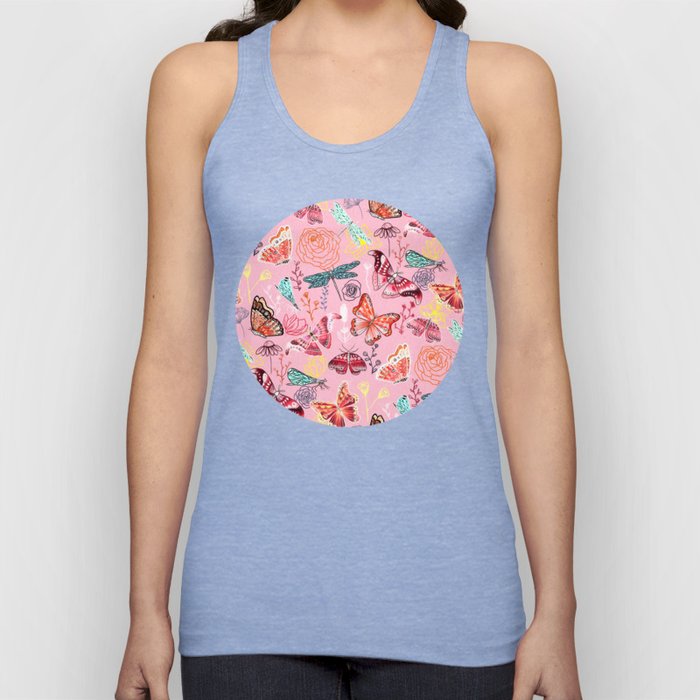 Dragonflies, Butterflies and Moths With Plants on Millennial Pink Tank Top
