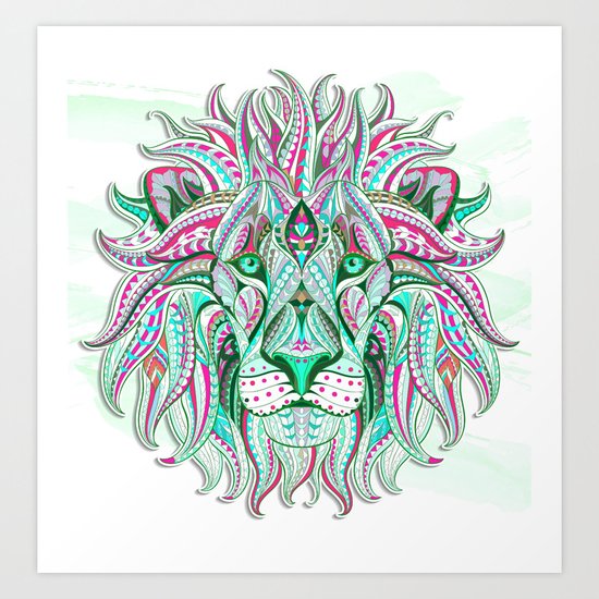 Sea Green Ethnic Lion Art Print