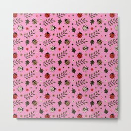 Ladybug and Floral Seamless Pattern on Pink Background Metal Print