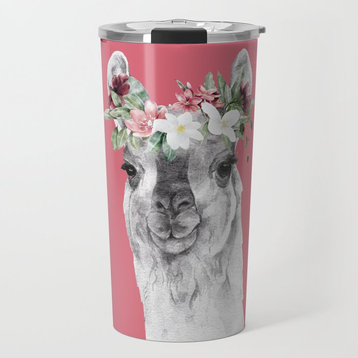 Watercolor Llama With Flowers Travel Mug