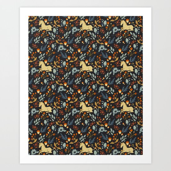 Unicorn autumn forest pattern Art Print