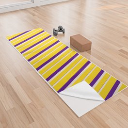 [ Thumbnail: Yellow, Beige, and Indigo Colored Lines/Stripes Pattern Yoga Towel ]