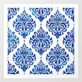Blue and White Watercolor Damask Art Print