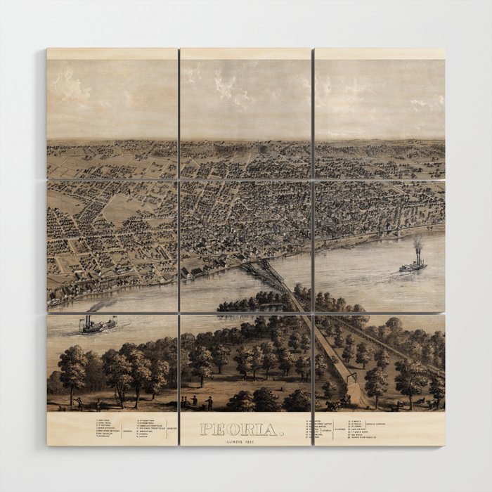 Peoria-Illinois-1867 vintage pictorial map Wood Wall Art