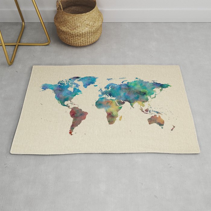World Map Watercolor Linen Blue Red Yellow Green Rug
