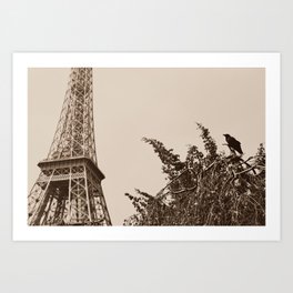 Crow perched in front of the Eiffel Tower Art Print