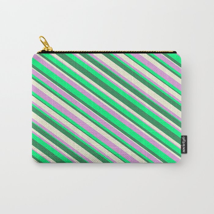 Beige, Plum, Green, and Sea Green Colored Striped Pattern Carry-All Pouch