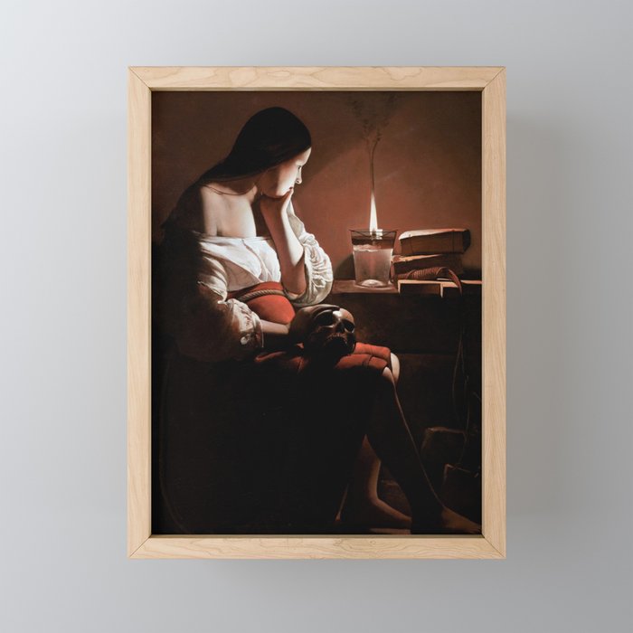 Magdalen with the Smoking Flame female staring at flame with skull of lover in hand portrait painting Framed Mini Art Print