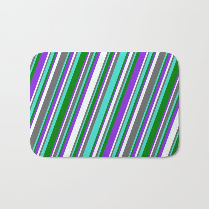 Dim Grey, Turquoise, Green, Purple & Mint Cream Colored Lined Pattern Bath Mat