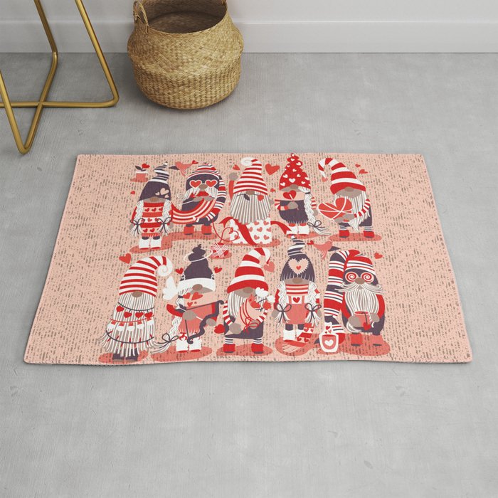 I gnome you more // flesh background red and orange shade Valentine's Day gnomes and motifs Rug
