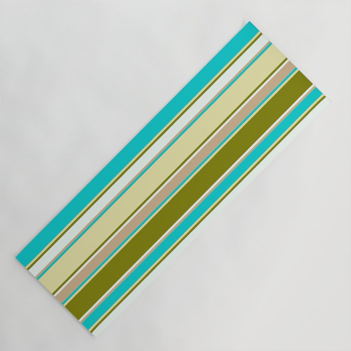 Colorful Dark Turquoise, Pale Goldenrod, Green, Mint Cream & Tan Colored Lined/Striped Pattern Yoga Mat