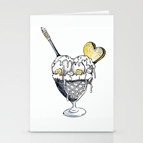 Ice cream in vintage waffle bowl with spoon and heart cookie Stationery Cards