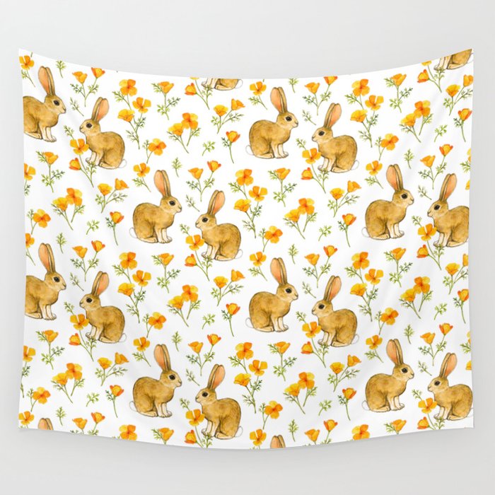 California Poppies and Cottontail Bunnies on White Wall Tapestry