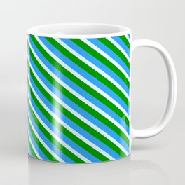 [ Thumbnail: Light Cyan, Green, and Blue Colored Lined/Striped Pattern Coffee Mug ]