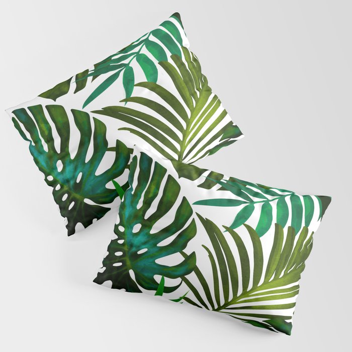 Tropical Dream, Jungle Nature Botanical Monstera Palm Leaves Illustration, Scandinavian Painting Pillow Sham