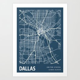 Dallas Blueprint Street Map, Dallas Colour Map Prints Art Print