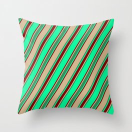 [ Thumbnail: Green, Maroon, Tan & Sea Green Colored Lined/Striped Pattern Throw Pillow ]