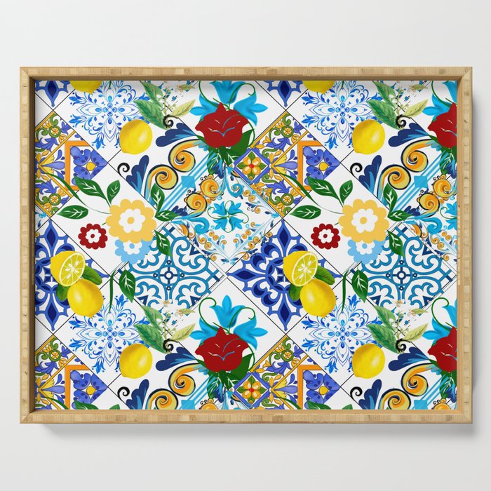 Tiles,mosaic,azulejo,quilt,Portuguese,majolica,lemons,citrus. Serving Tray