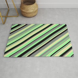 [ Thumbnail: Eye-catching Dark Sea Green, Pale Goldenrod, Green, Black, and Gray Colored Stripes Pattern Rug ]