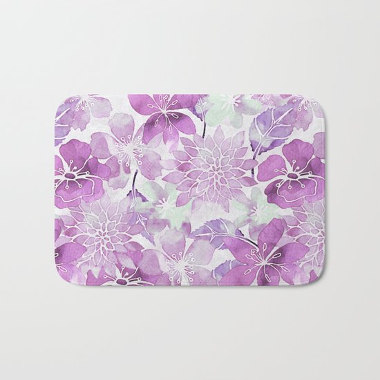 Soft Pink Pastel Watercolor Flower Pattern Bath Mat