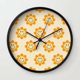 70s Retro Smiley Floral Face Pattern in yellow and beige Wall Clock